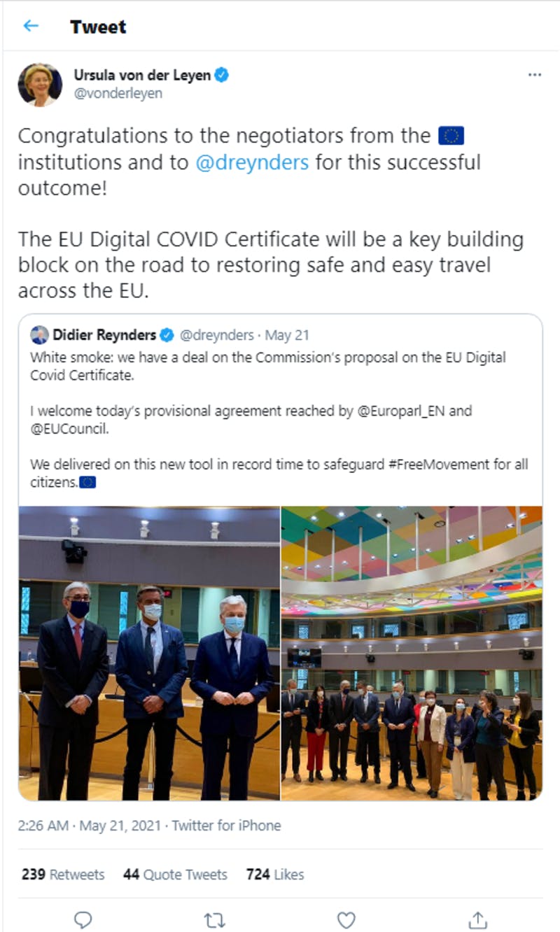 EUの「EU Digital COVID Certificate」導入を賞賛しているライエン委員長の投稿