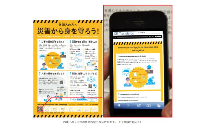 「外国人のための減災のポイント」ポスター、QRコードのイメージ｜内閣府