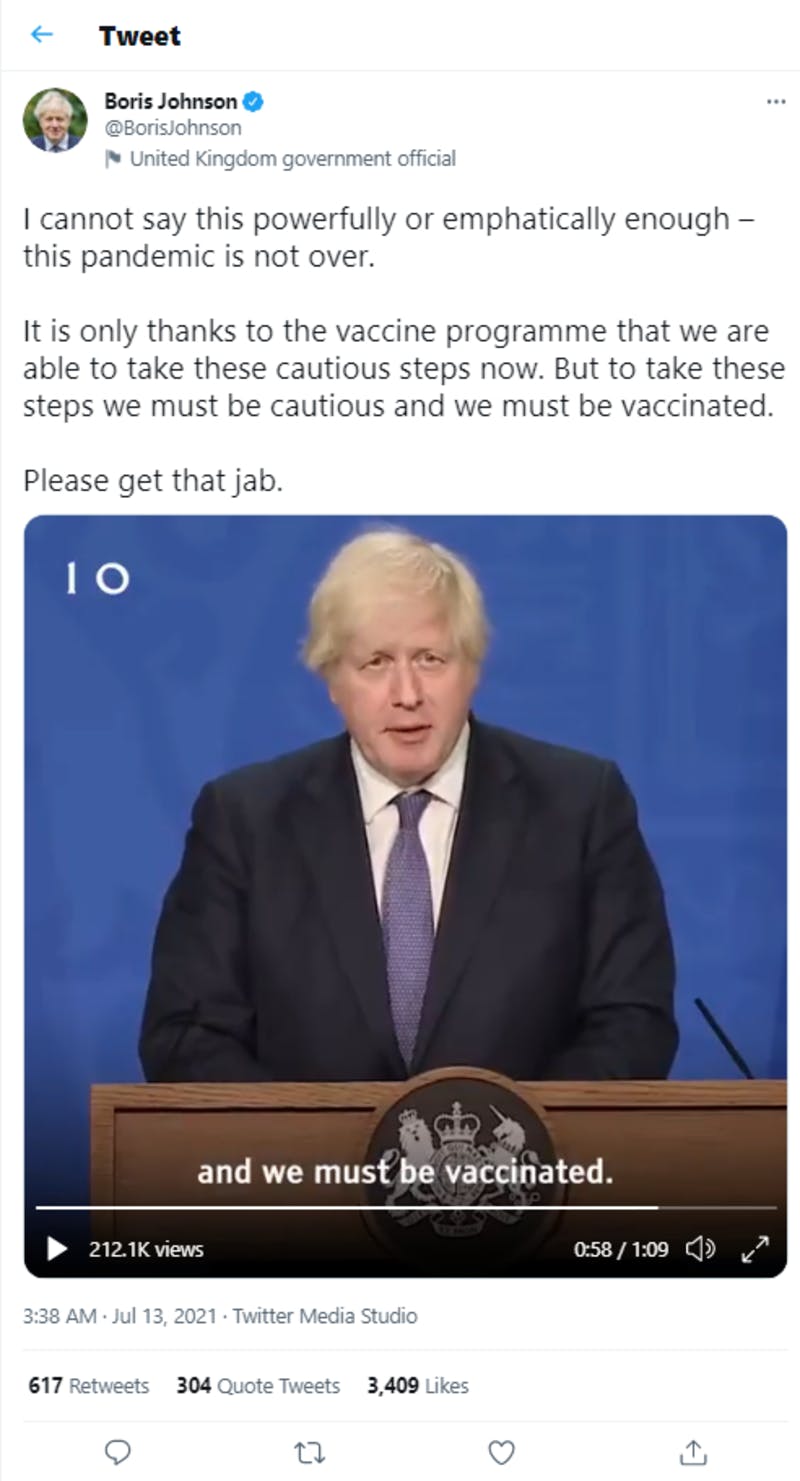 Boris Johnson首相のTwitterより規制撤廃に関する投稿