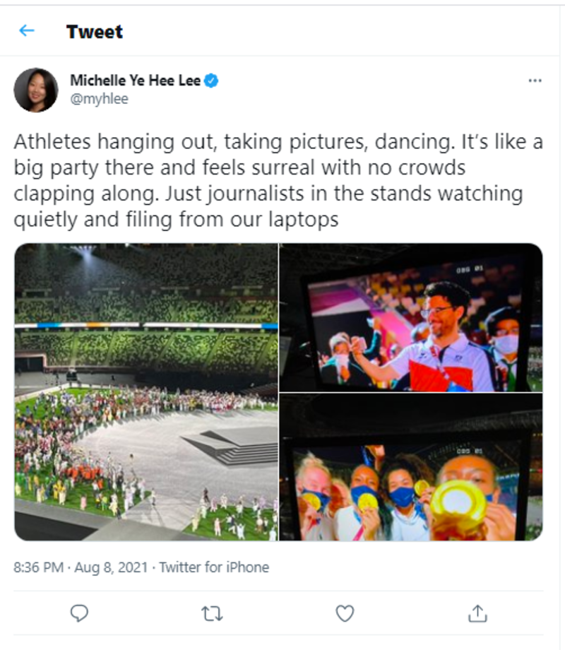 ▲オリンピック出場選手の楽しそうな様子を伝える投稿:Twitterより編集部スクリーンショット オリンピック出場選手の楽しそうな様子を伝える投稿