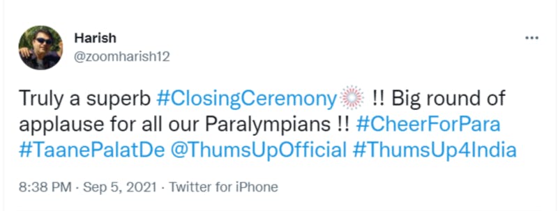 閉会式に感銘し、パラリンピック選手に感謝している様子：Twitterより編集部スクリーンショット