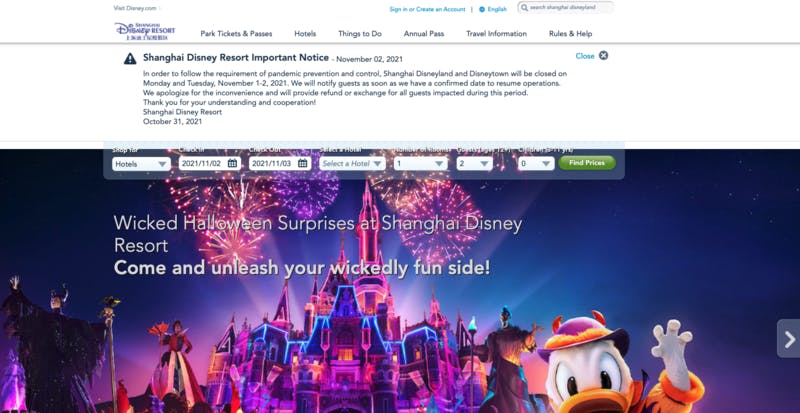 ▲公式サイトには「Shanghai Disney Resort Important Notice」のアナウンスが