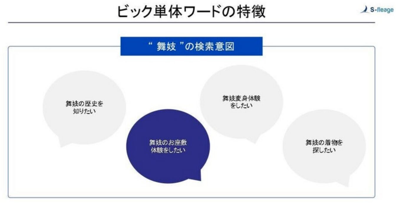 ▲ビッグ単体ワードの特徴(例:「舞妓」の検索意図) ビッグ単体ワードの特徴(例:「舞妓」の検索意図)