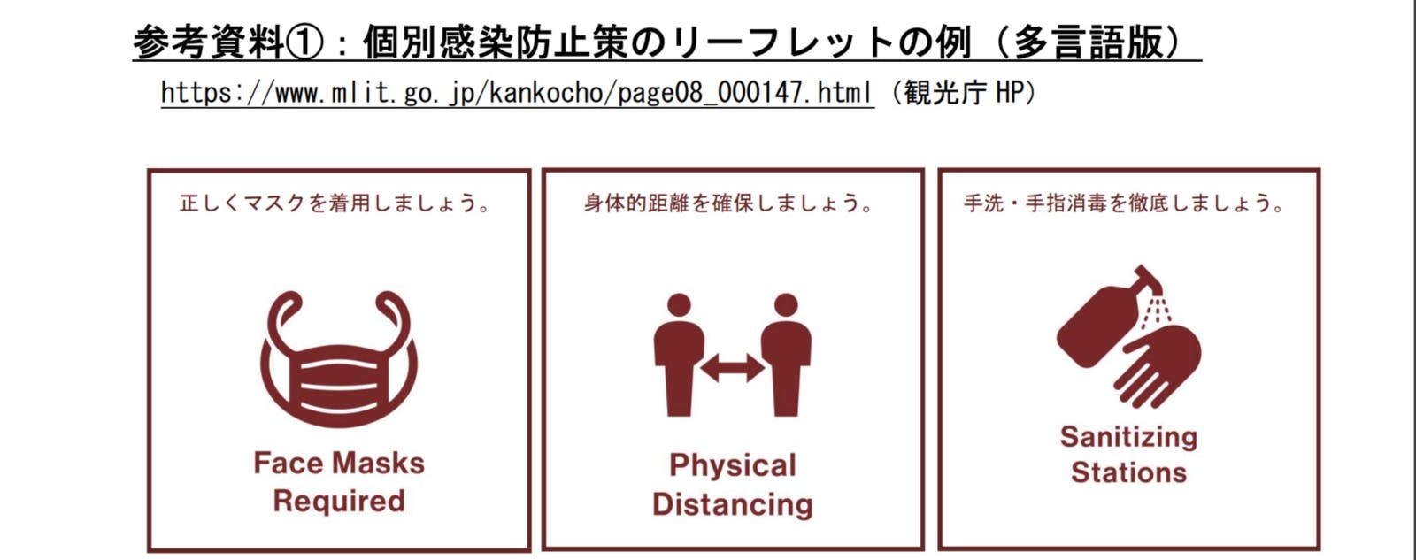 個別感染防止策のリーフレットの例（多言語版）で利用されているピクトグラム：外国人観光客の受入れ対応に関するガイドラインより