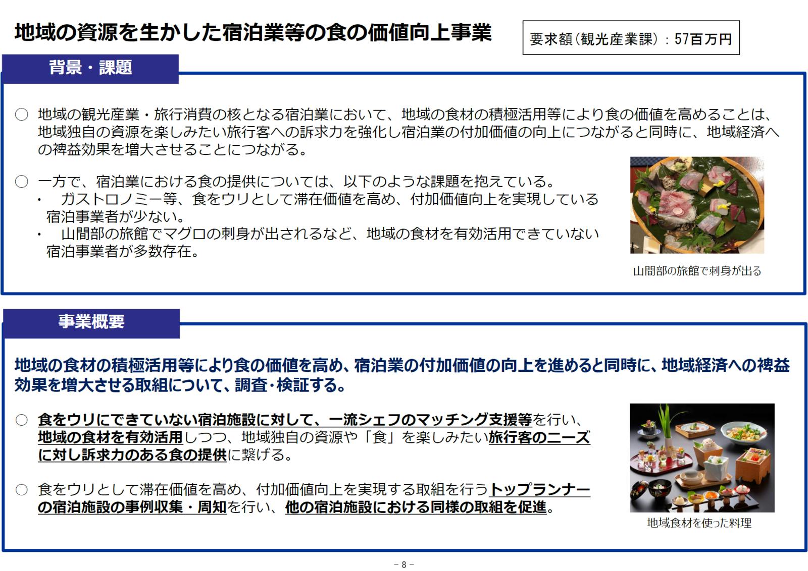 令和５年度 観光庁関係予算概算要求概要：地域の資源を生かした宿泊業等の食の価値向上事業