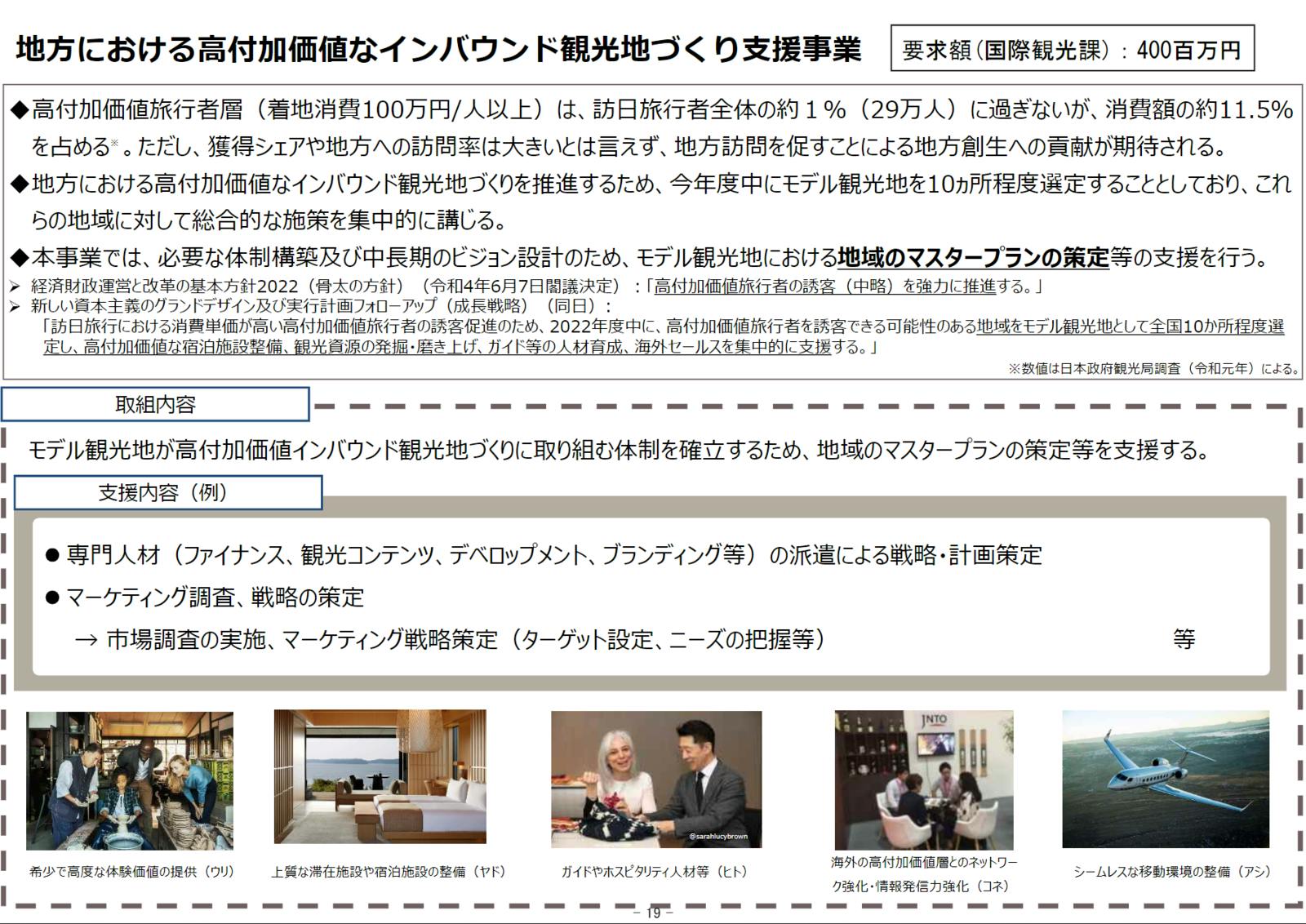 令和５年度 観光庁関係予算概算要求概要：地方における高付加価値なインバウンド観光地づくり支援事業