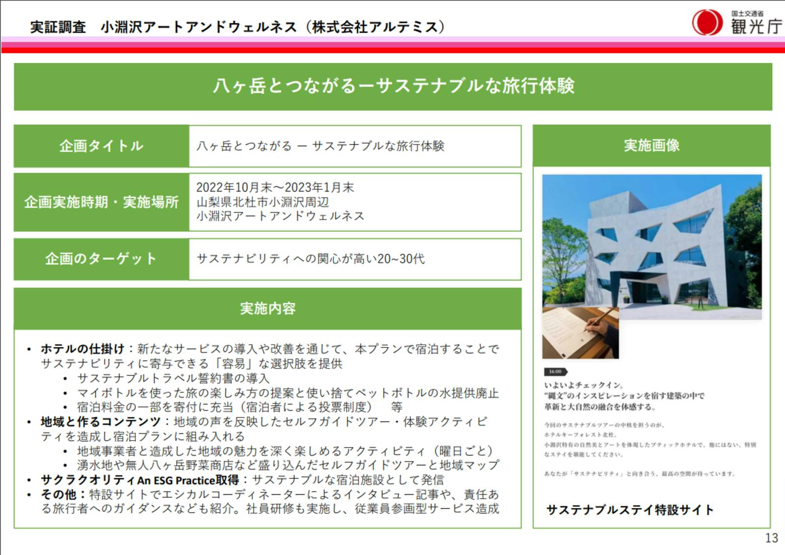 出典：『新たなビジネス手法の導入による宿泊業を核とした旅行サービス実証調査等の実証事業取り組み事例集』報道発表資料（観光庁）（https://www.mlit.go.jp/kankocho/content/001600552.pdf）の13頁を抜粋