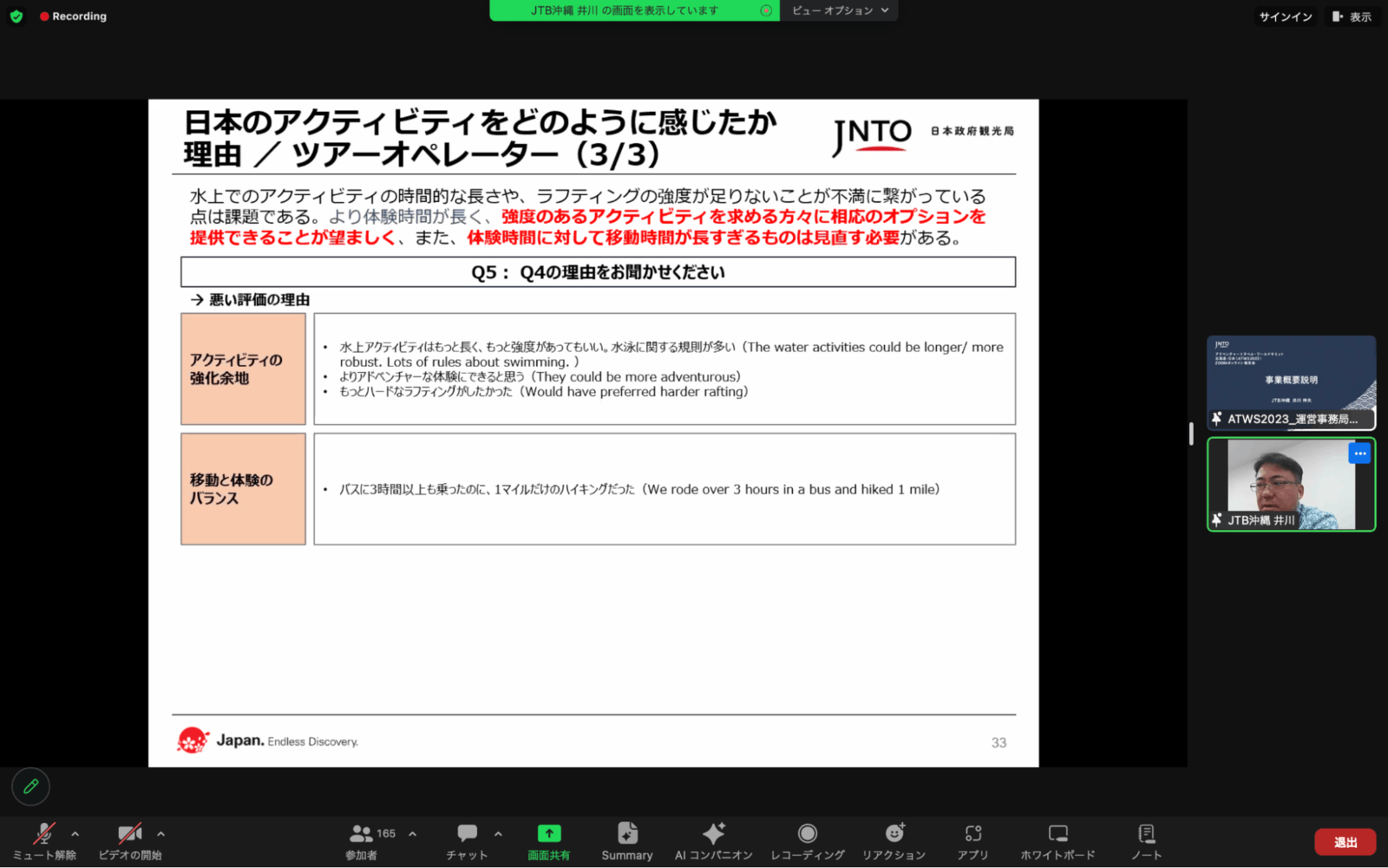 ▲ATWS開催概要とアンケート結果の報告：JTB沖縄 井川氏