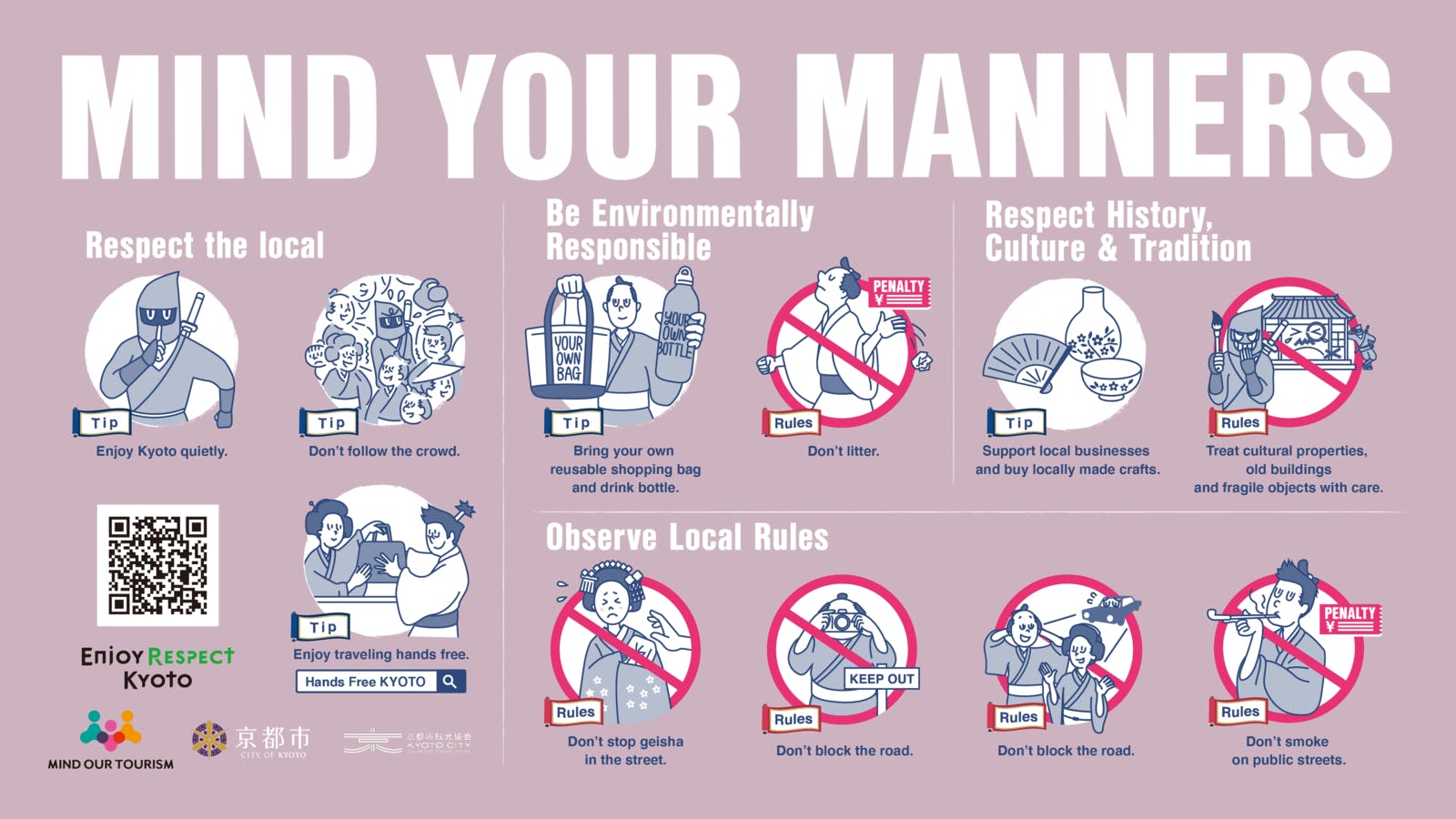 ▲京都市のマナー啓発チラシ「MIND YOUR MANNERS」：京都市情報館より