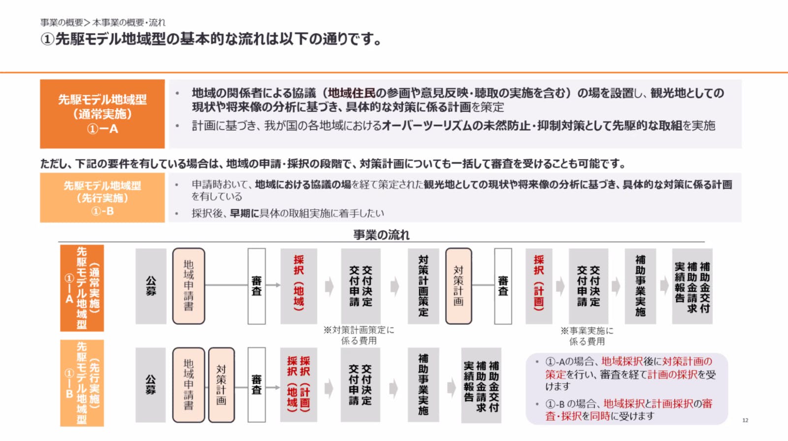 ▲先駆モデル地域型の事業の流れ：事務局説明会資料より抜粋