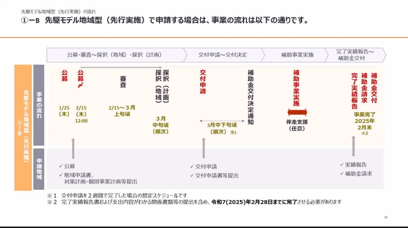 ▲先駆モデル地域型(先行実施)事業の流れ:事務局説明会資料より抜粋 ▲先駆モデル地域型(先行実施)事業の流れ:事務局説明会資料より抜粋
