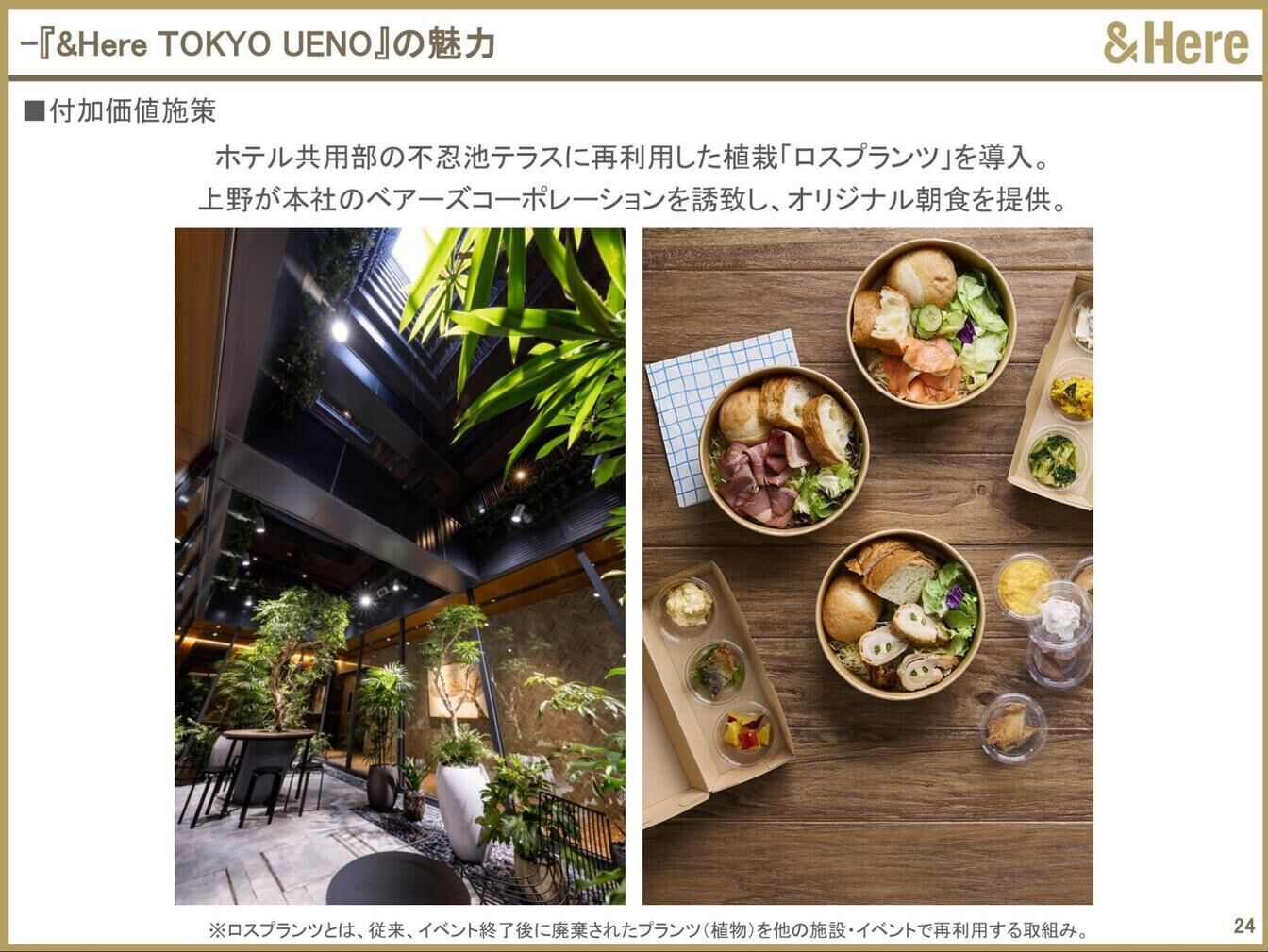 ▲「&Here TOKYO UENO」のサステイナブルな取り組み:記者説明会資料より抜粋 「&Here TOKYO UENO」のサステイナブルな取り組み