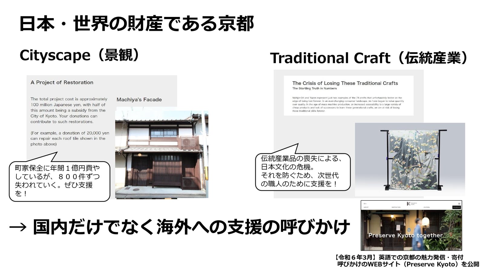 京都市の文化や歴史、景観、伝統産業などを守るため、外国人に向けた支援の呼びかけを行う 京都市総合企画局