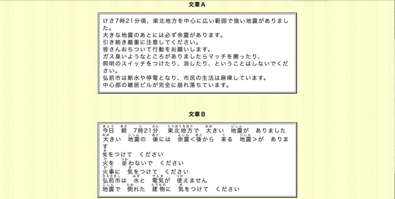 ▲「やさしい日本語」例文：弘前大学社会言語学研究室WEBサイトより