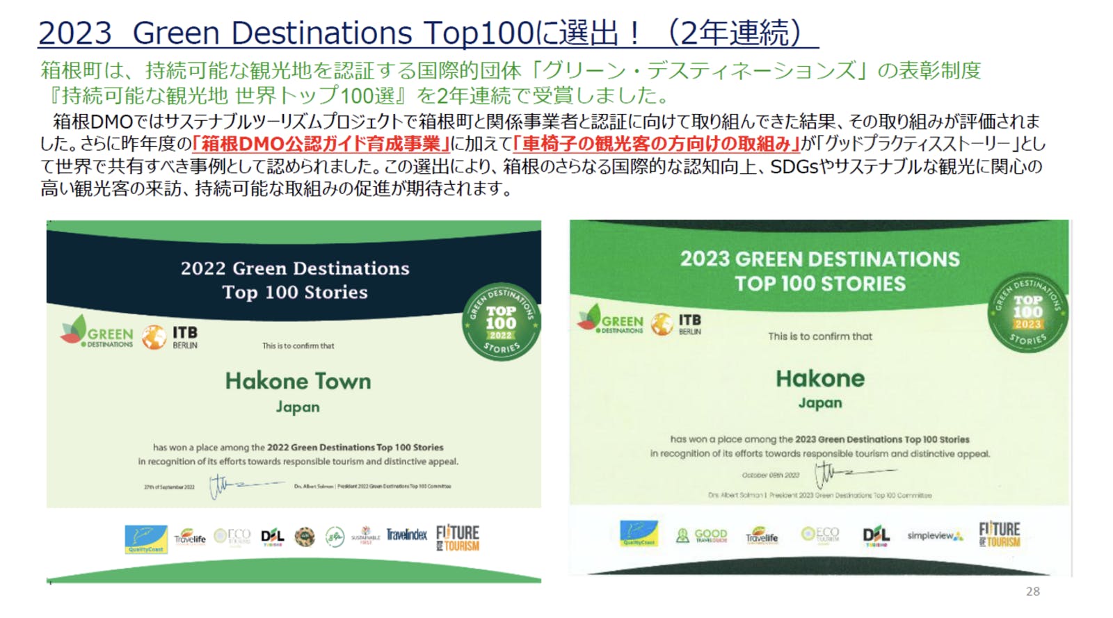 「持続可能な観光地100選」に2年連続で選出された：箱根観光協会提供