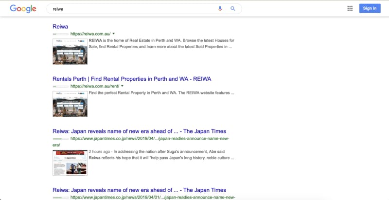 ▲英語版Googleで「reiwa」と検索すると「Reiwa（西オーストラリア不動産協会）」が検索1位に