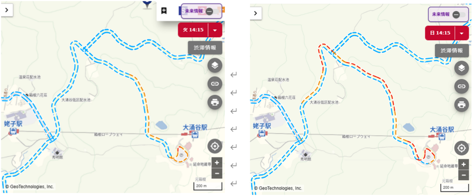 ▲人流分析ツール「トレポト」の活用例（渋滞予測の表示）：株式会社JTBリリースより