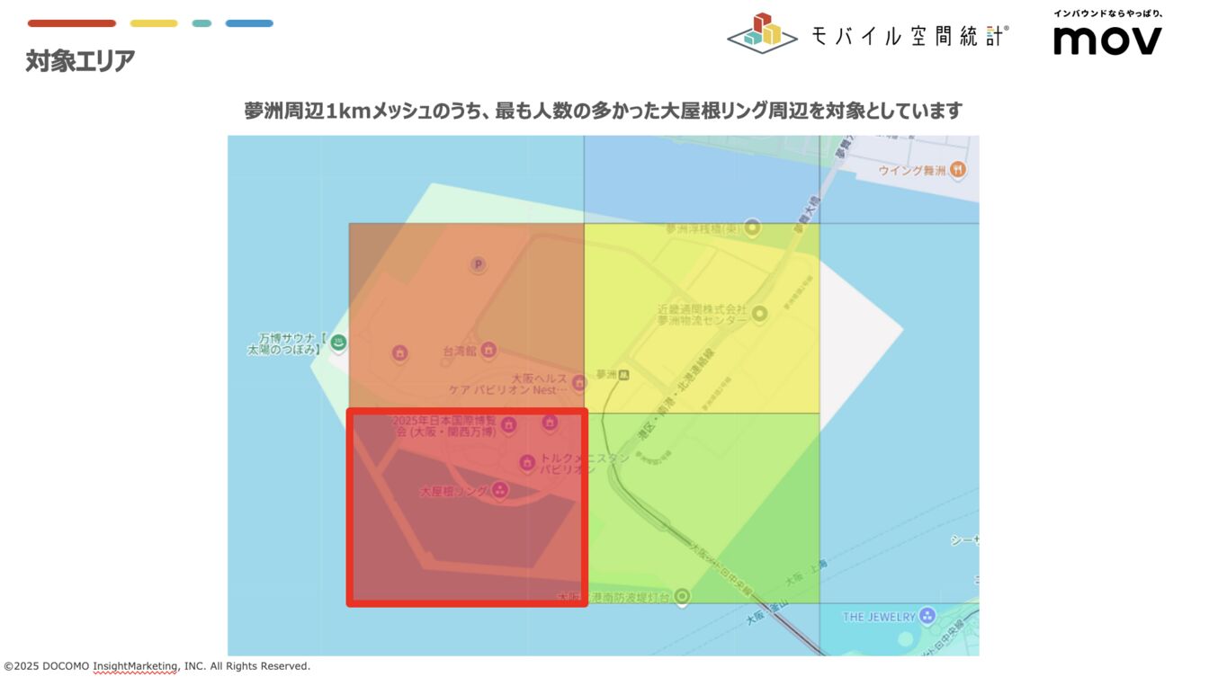 ▲大屋根リング周辺にあたる赤枠内の外国人延べ人数を調査(2025年4月月間データ) 大屋根リング周辺にあたる赤枠内の外国人延べ人数を調査(2025年4月月間データ)