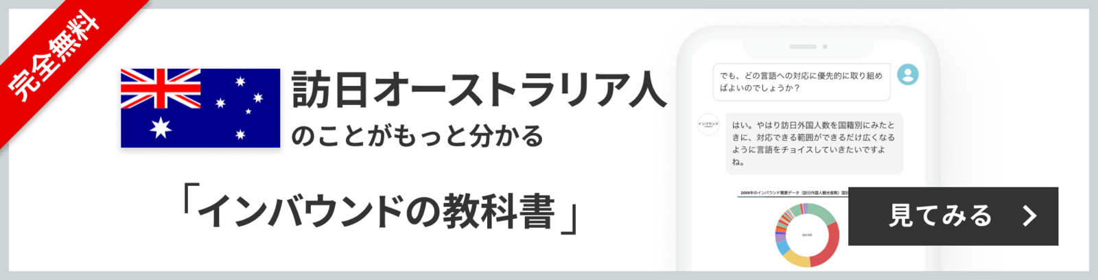 完全無料 訪日オーストラリア人のことがもっと分かる 訪日ラボ会員「インバウンドの教科書」 チャット形式でサクサク読める！ 見てみる