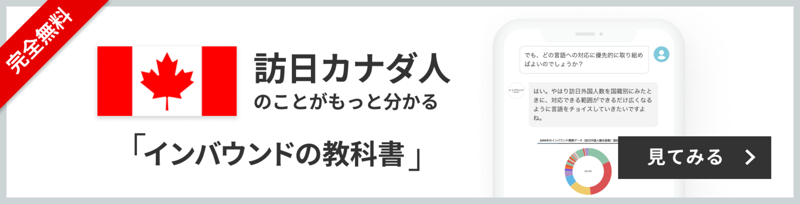完全無料 訪日カナダ人のことがもっと分かる 訪日ラボ会員「インバウンドの教科書」 チャット形式でサクサク読める! 見てみる