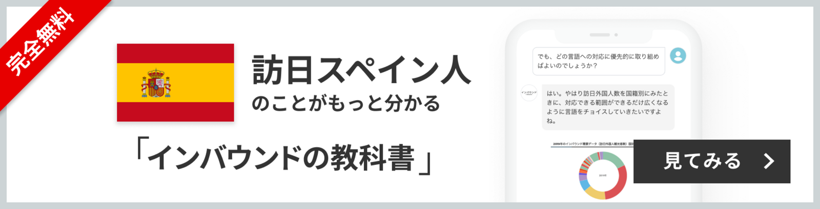 完全無料 訪日スペイン人のことがもっと分かる 訪日ラボ会員「インバウンドの教科書」 チャット形式でサクサク読める! 見てみる