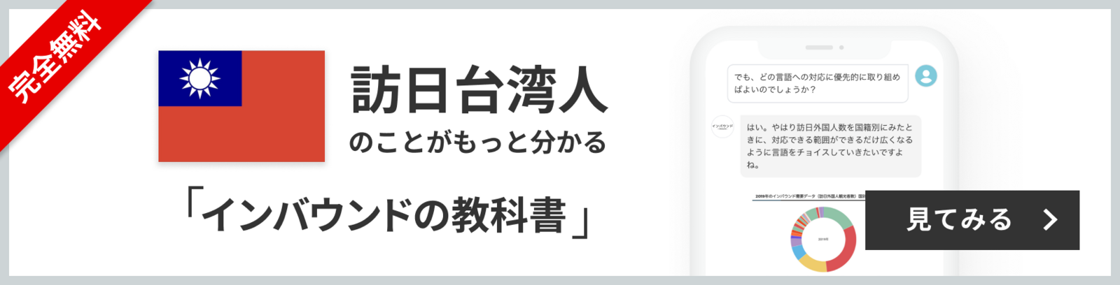 完全無料 訪日台湾人のことがもっと分かる 訪日ラボ会員「インバウンドの教科書」 チャット形式でサクサク読める! 見てみる