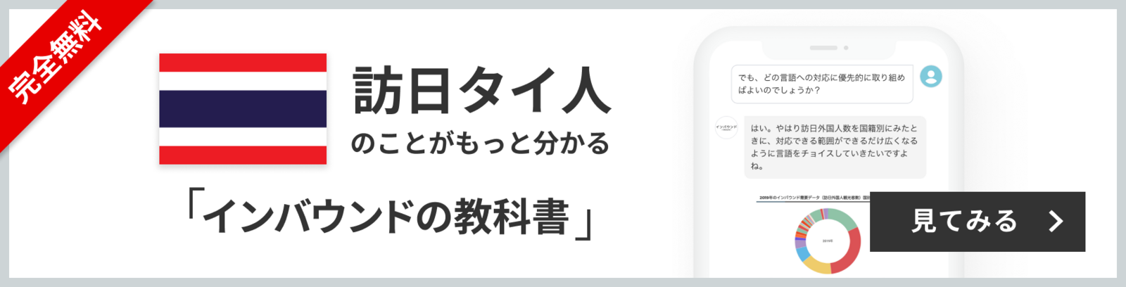 完全無料 訪日タイ人のことがもっと分かる 訪日ラボ会員「インバウンドの教科書」 チャット形式でサクサク読める! 見てみる