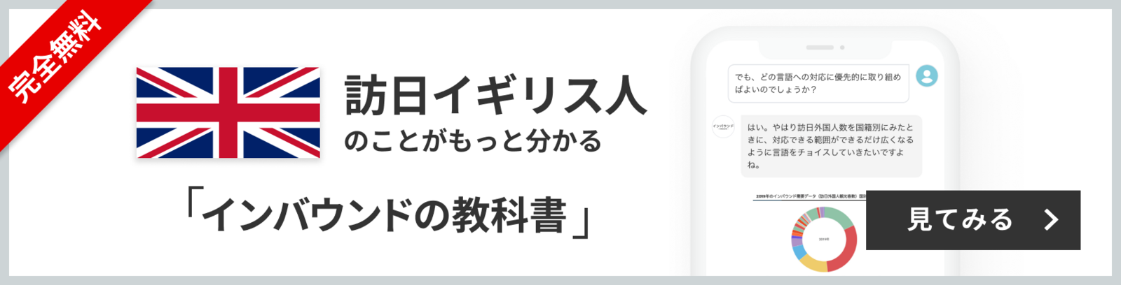 完全無料 訪日イギリス人のことがもっと分かる 訪日ラボ会員「インバウンドの教科書」 チャット形式でサクサク読める! 見てみる