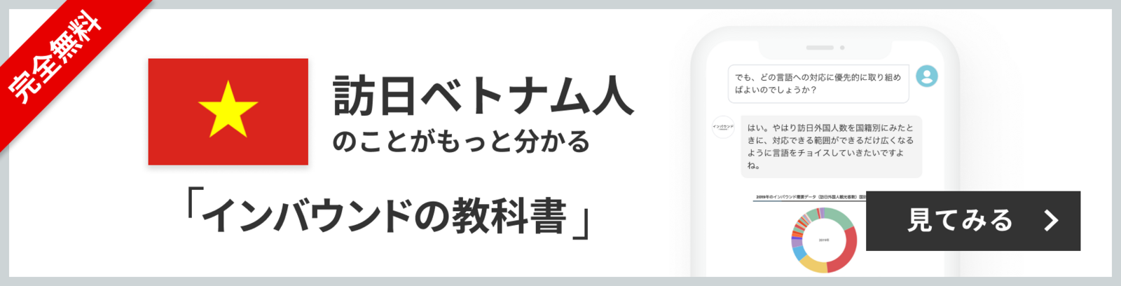 完全無料 訪日ベトナム人のことがもっと分かる 訪日ラボ会員「インバウンドの教科書」 チャット形式でサクサク読める！ 見てみる