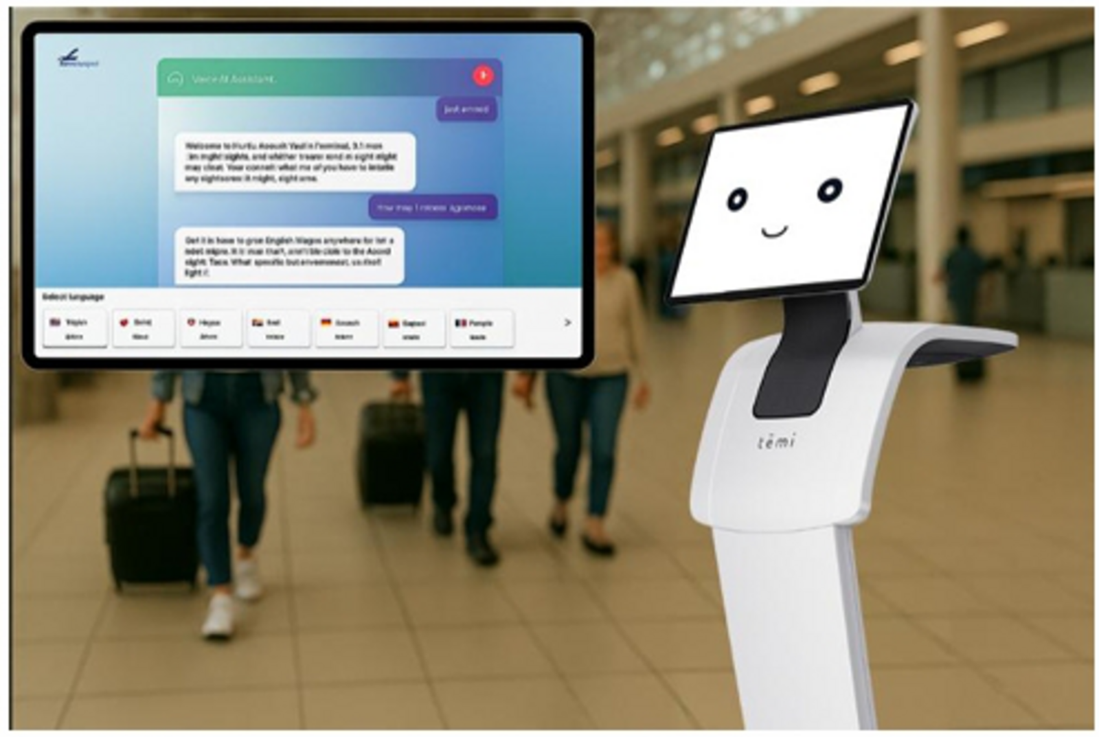▲会話型AI搭載ロボットによる旅客案内の実証実験:Presence株式会社、ICM-HUB、成田国際空港株式会社 プレスリリースより ▲会話型AI搭載ロボットによる旅客案内の実証実験:Presence株式会社、ICM-HUB、成田国際空港株式会社 プレスリリースより