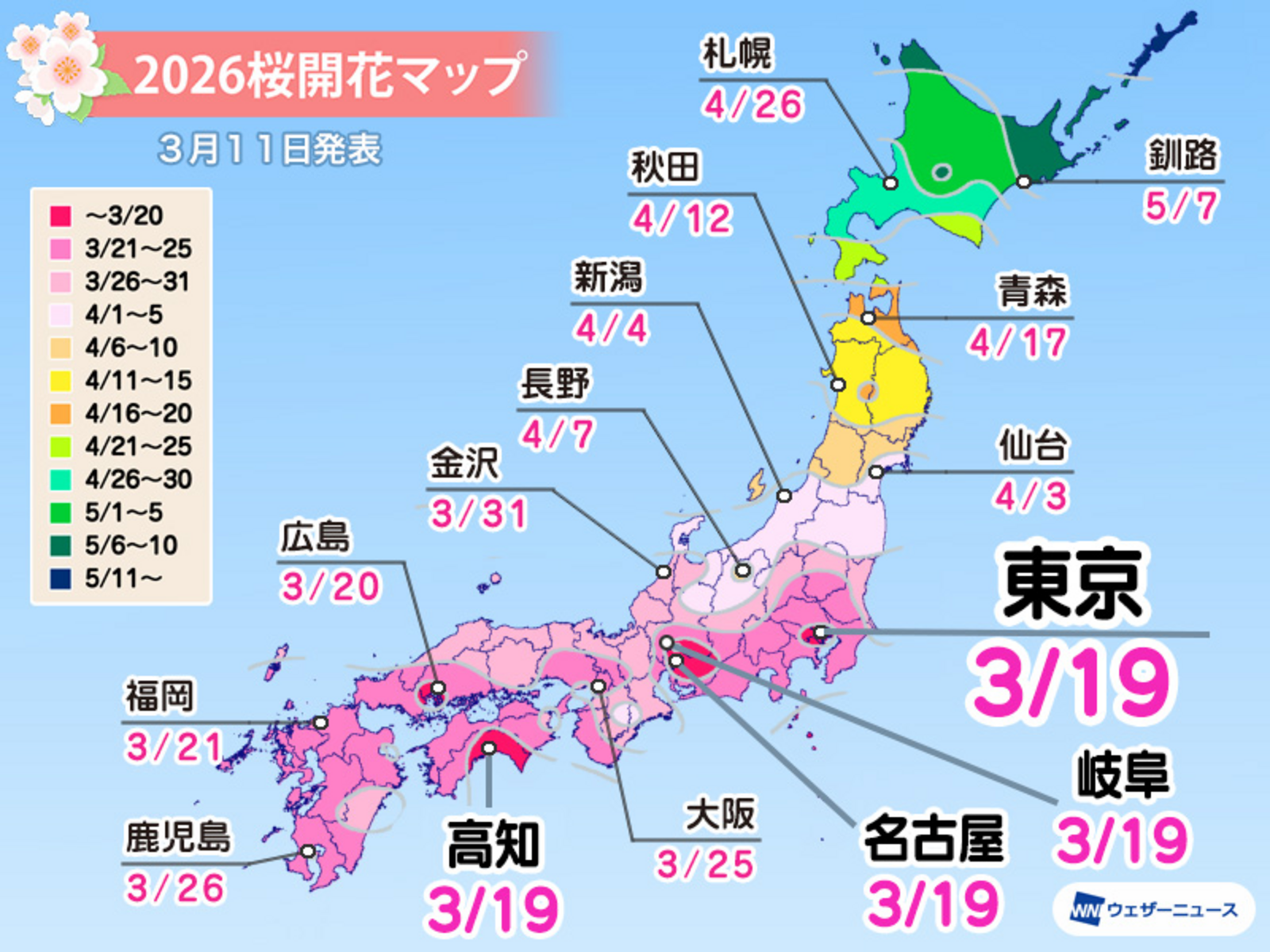 ▲2026年桜開花予想(3月11日発表):ウェザーニュースより ▲2026年桜開花予想(3月11日発表):ウェザーニュースより
