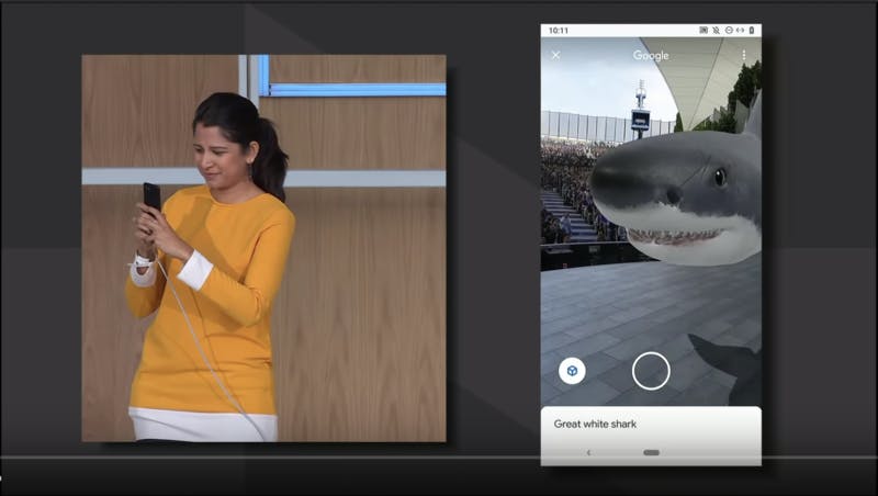 ▲I/O会場に実物サイズのサメが浮かび上がった：「Google I/O 2019」YouTubeキャプチャ