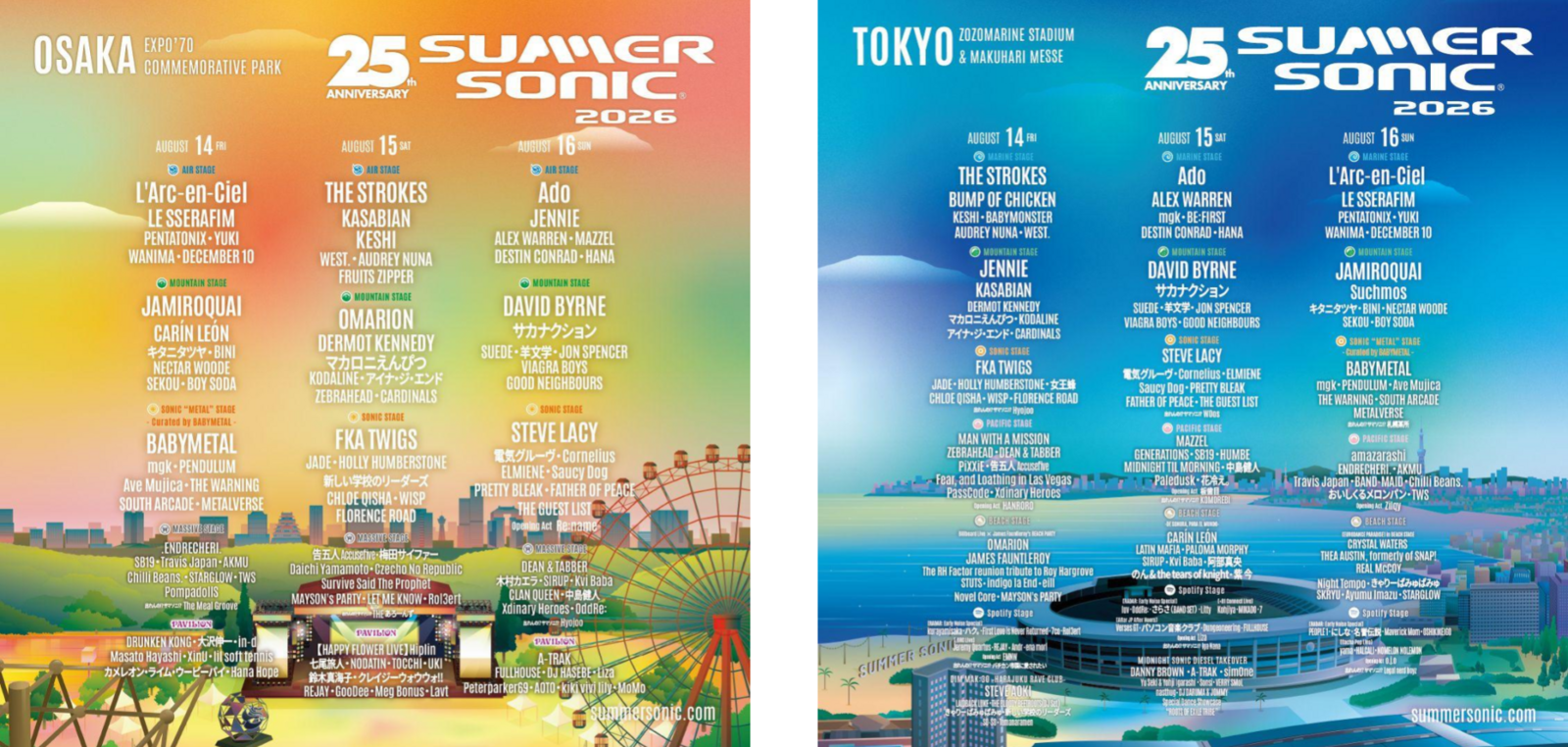 ▲SUMMER SONIC 2026のラインアップ：SUMMER SONIC 2026公式サイトより