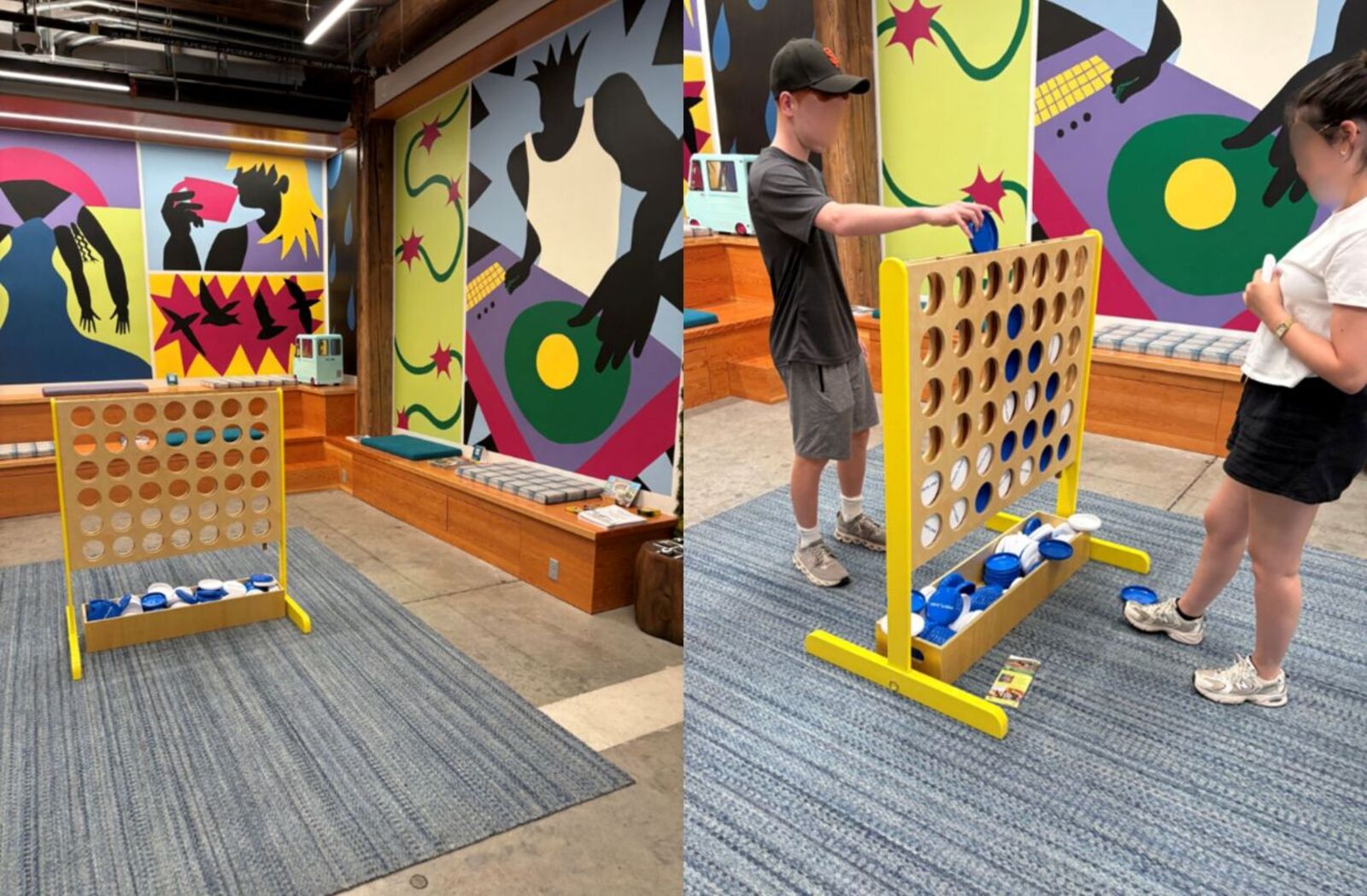 ▲Portland Visitor Centerの交流スペース。子どもたちが遊ぶ玩具は「四目並べ（コネクトフォー）」と呼ばれるもので、事業者がTravel Portlandのテーマカラー（青、白）にカスタマイズしてくれたそうだ／筆者撮影
