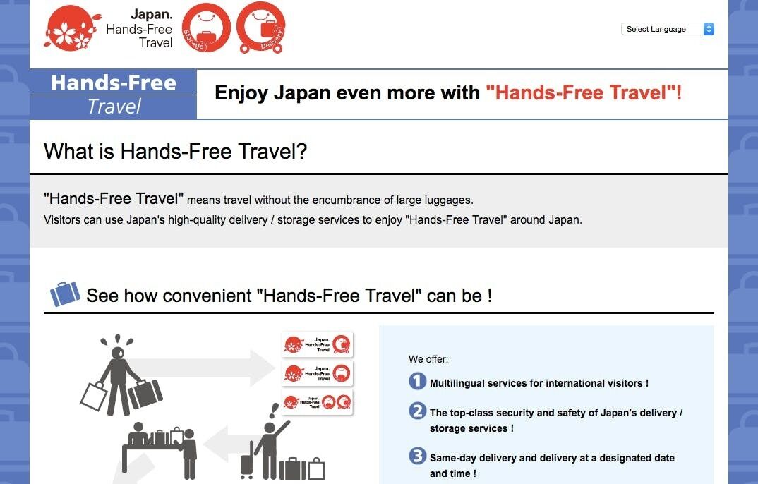 ▲JNTOのウェブサイトでは、インバウンド向けに手ぶら観光の方法について情報提供している ▲JNTOのウェブサイトでは、インバウンド向けに手ぶら観光の方法について情報提供している