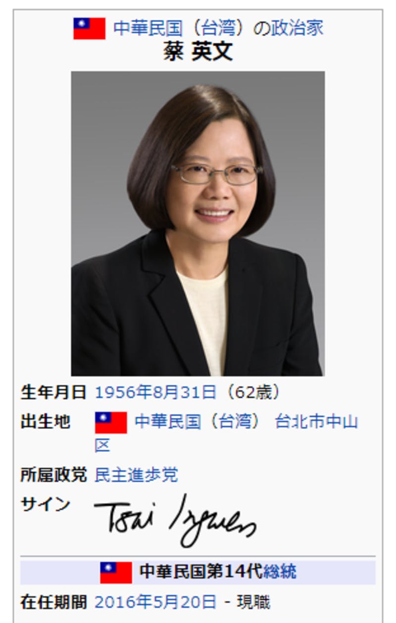 ▲中華民国（台湾）首相の蔡英文。サインは「Tsai Ing-wen」と書かれている。（Wikipediaより）