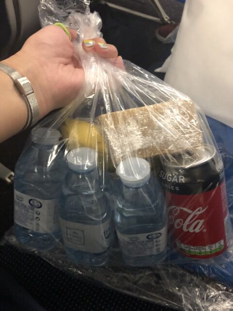 ▲[水やサンドウィッチ、チョコレートなど十分な食料がまとまっている]：オランダ航空機内