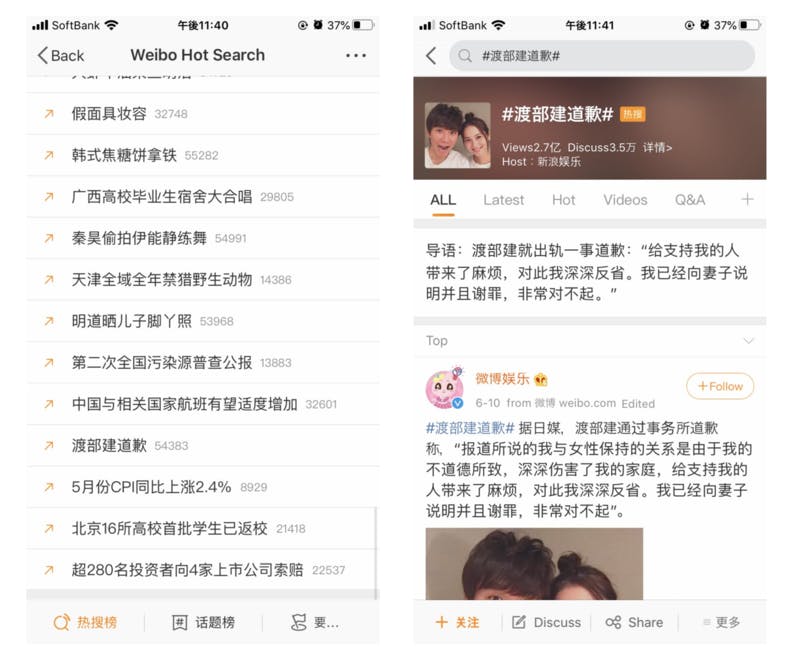 Weiboのトレンド一覧に「#渡部建道歉」がリストイン