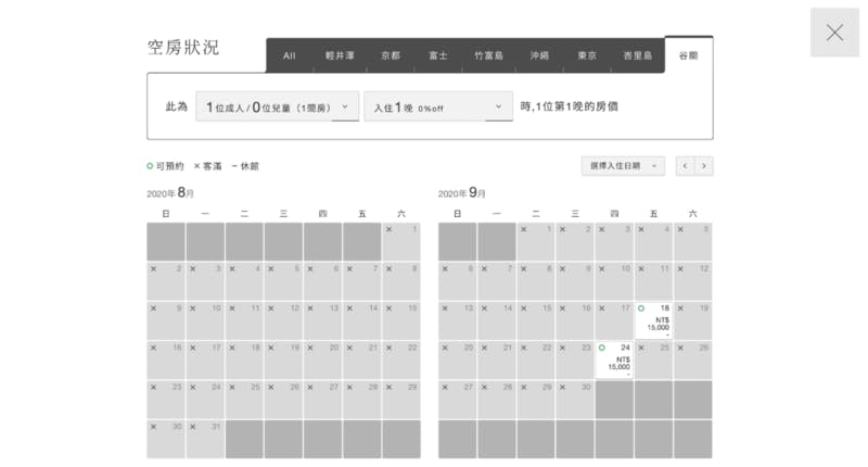 台湾の星のやグーグァンの8月9月の予約状況