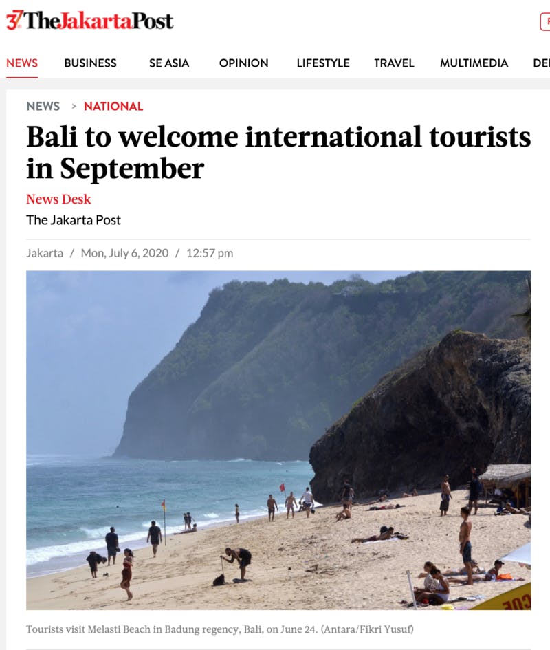 ▲[Bali to welcome international tourists in September]：The Jakarta Post