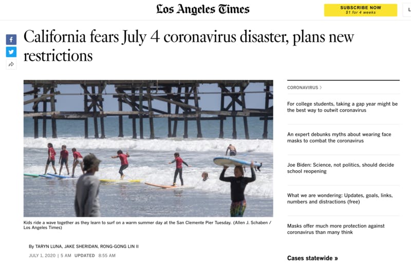 ▲[California fears July 4 coronavirus disaster, plans new restrictions]：Los Angeles Times