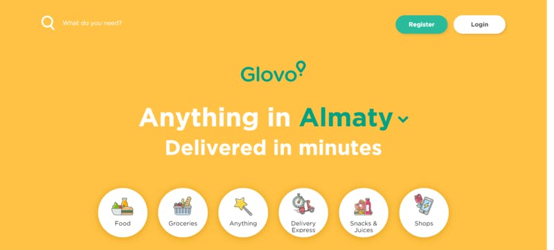 スペインのデリバリーサービス企業が展開するサービス「Glovo」の公式サイトトップページ