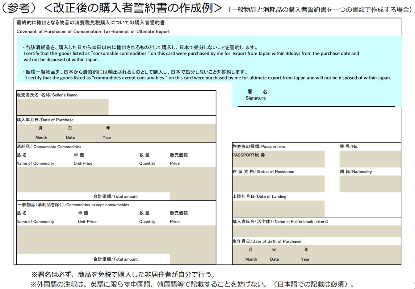改正後の購入者誓約書の作成例