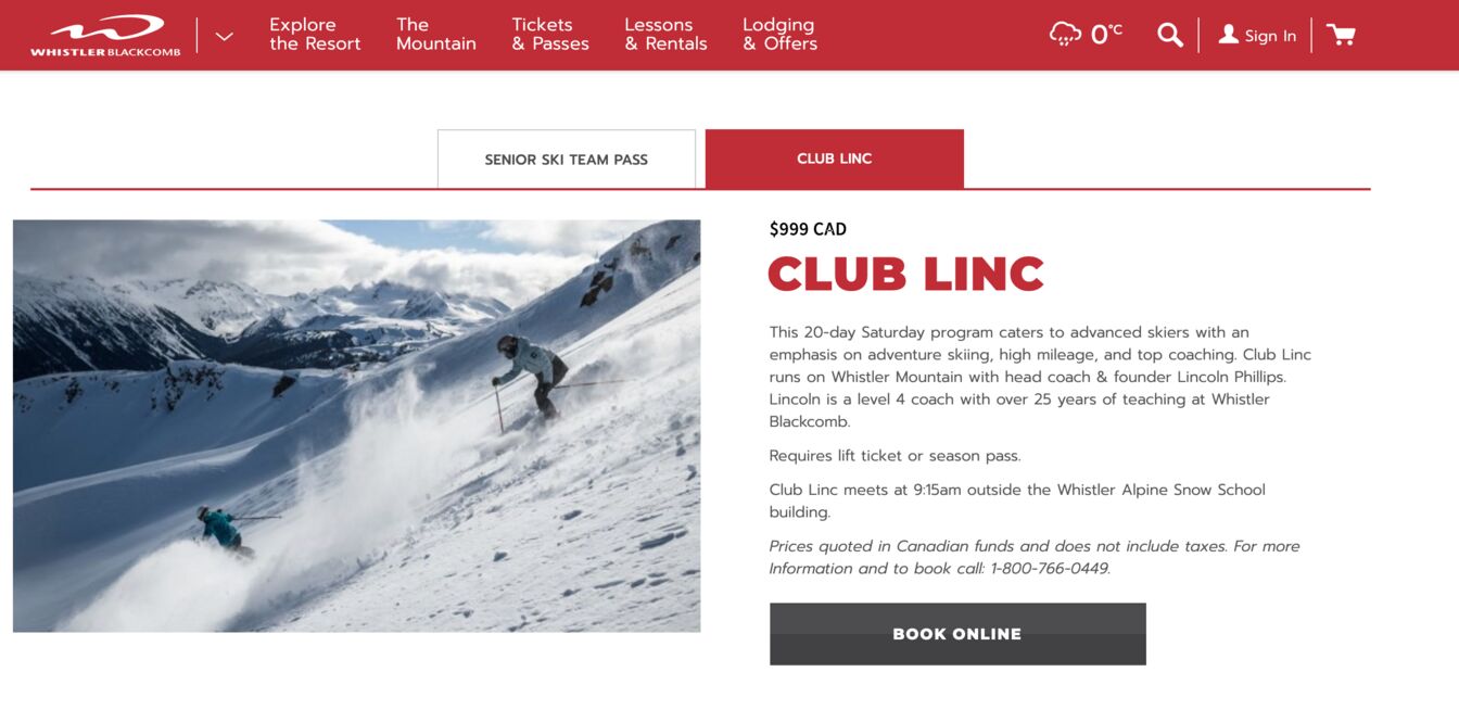 ▲［Adult Pass Programs］：WHISTLER BLACKCOMB ウェブサイト