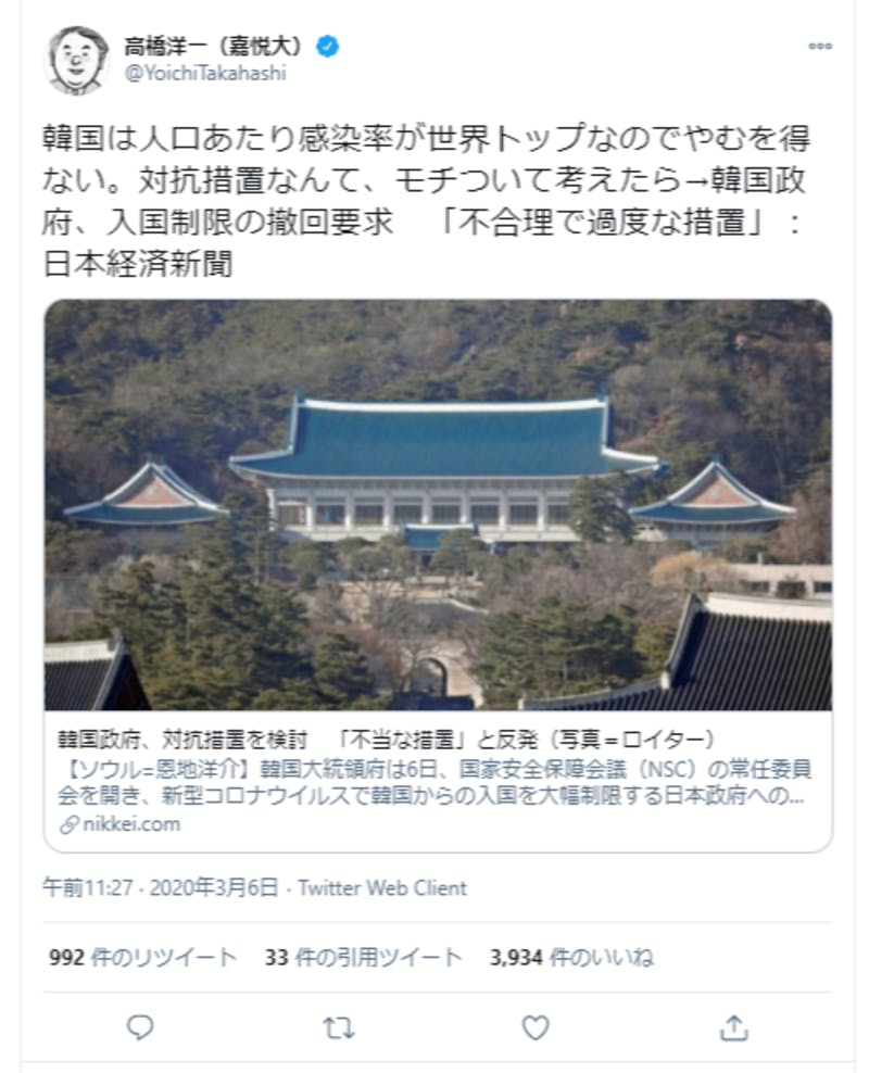 報道を引用し意見する大学教授のTwitter投稿