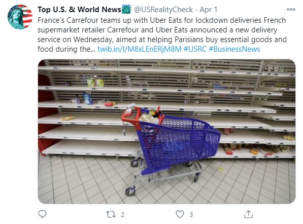 ▲フランスのスーパーマーケットの品薄状態を紹介している投稿:Twitterより 口コミラボ編集部スクリーンショット フランスのスーパーマーケットの品薄状態を紹介しているTwitterの投稿