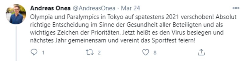 東京オリンピック延期に対するドイツ語のTwitterの投稿