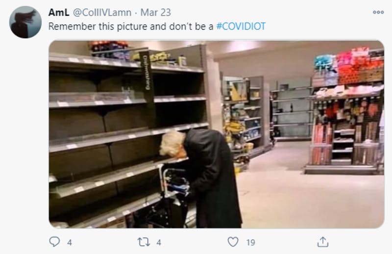 「Covidiot」のハッシュタグが付けられたTwitter投稿