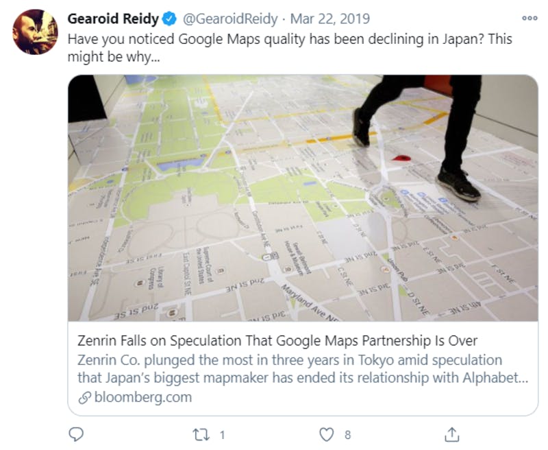 Googleマップの不具合に関する英語のTwitter投稿