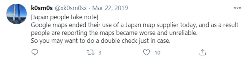 Googleマップの不具合に関する英語のTwitter投稿